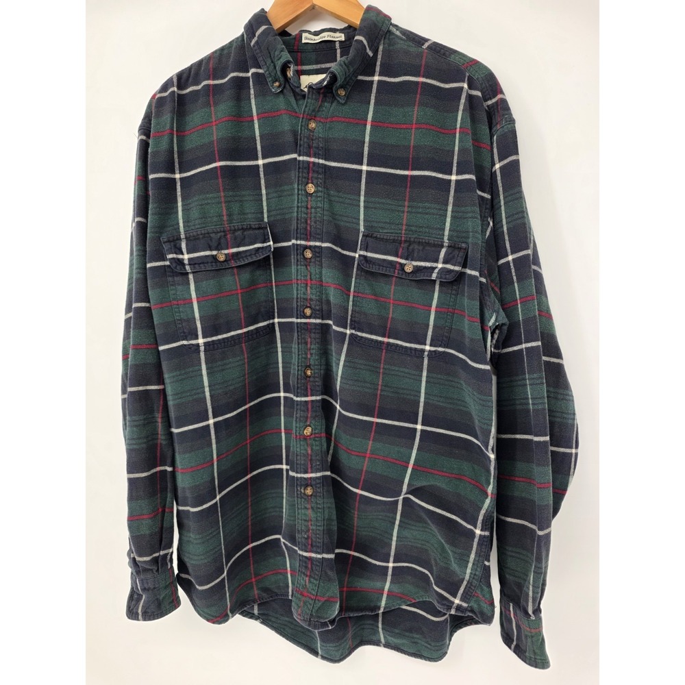 Men's Vintage Eddie Bauer XL Tall Bainbridge Flannel Navy Green  Tartan Plaid